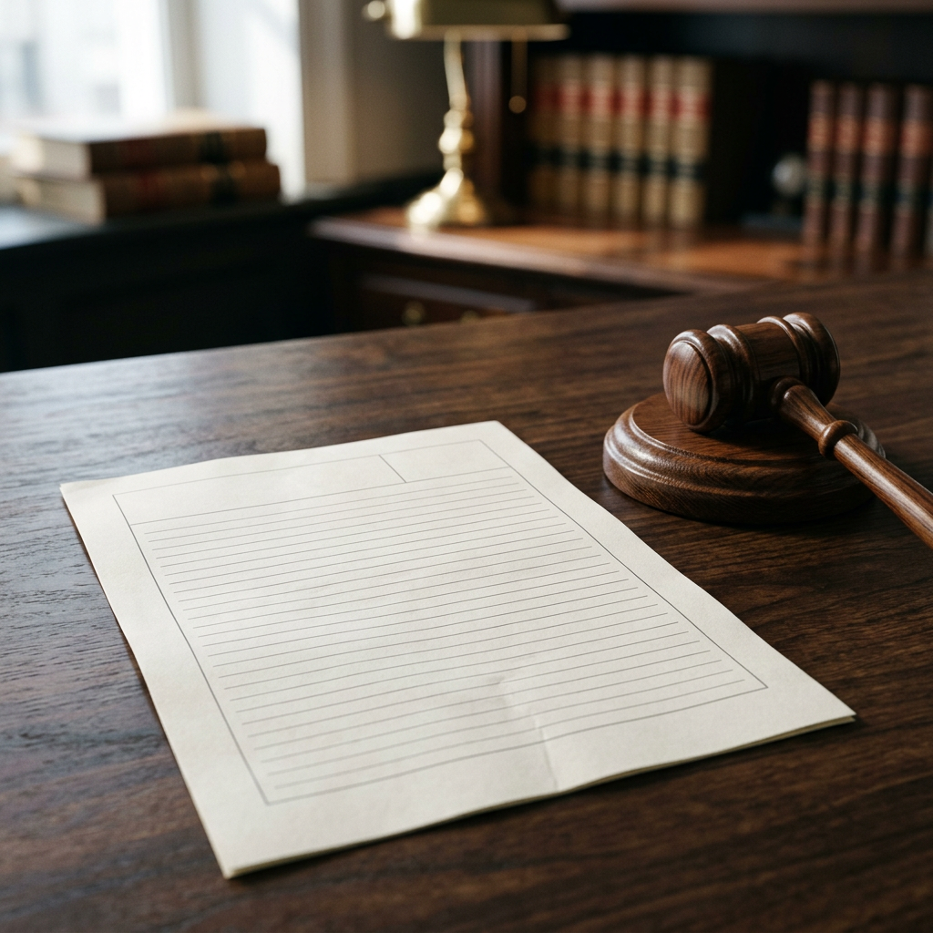Close-up of a legal charging document on a desk beside a gavel