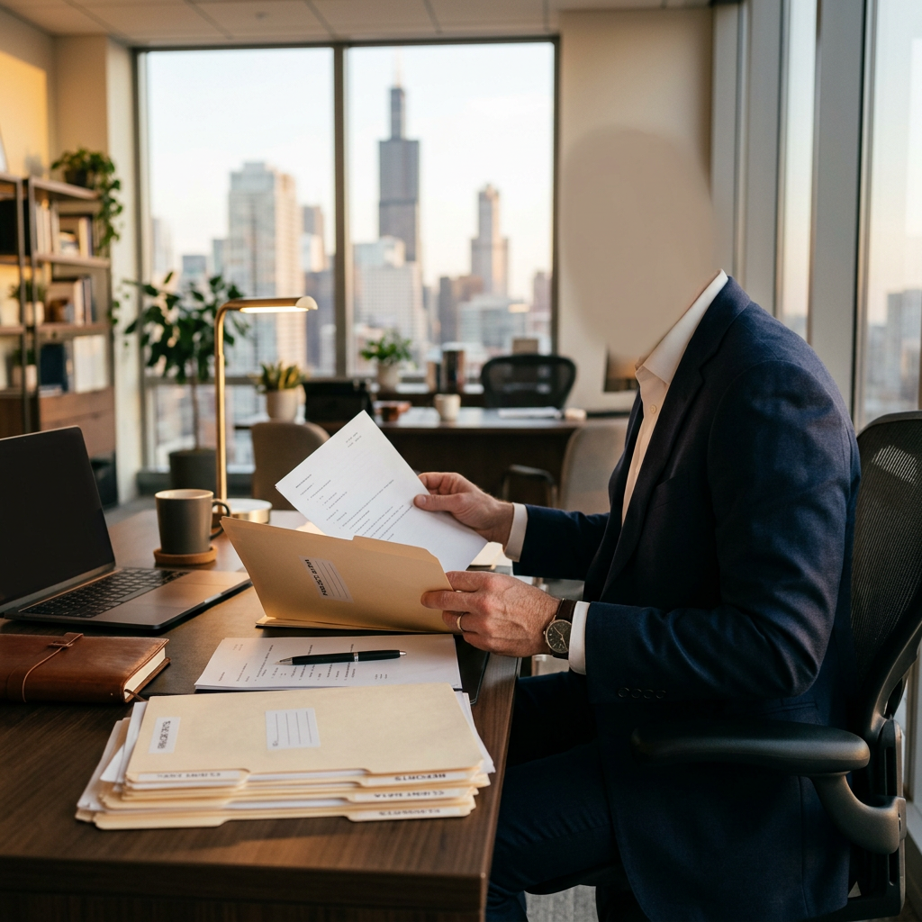 Defense attorney reviewing case files in a Chicago law office