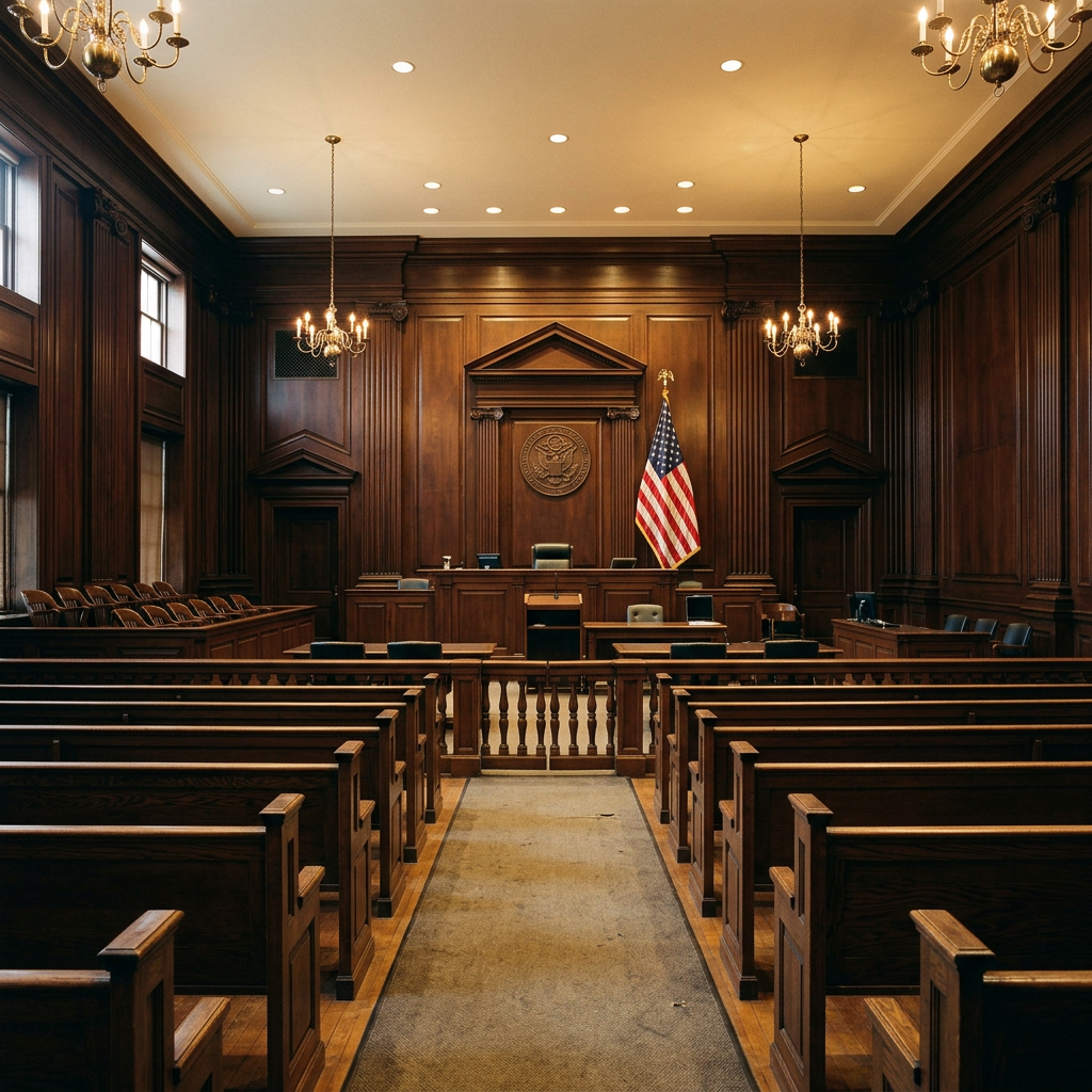 Scales of justice inside a formal Illinois courtroom