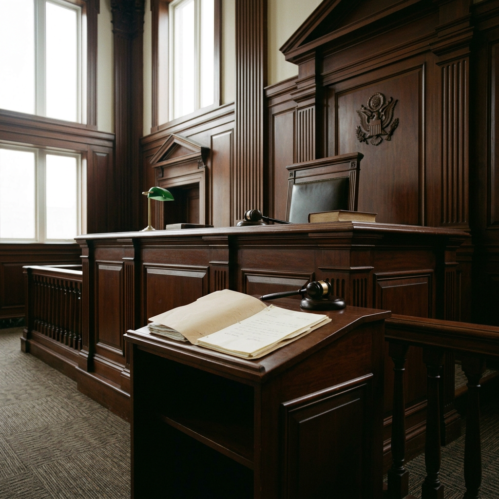 Judge reviewing documents at a courtroom bench