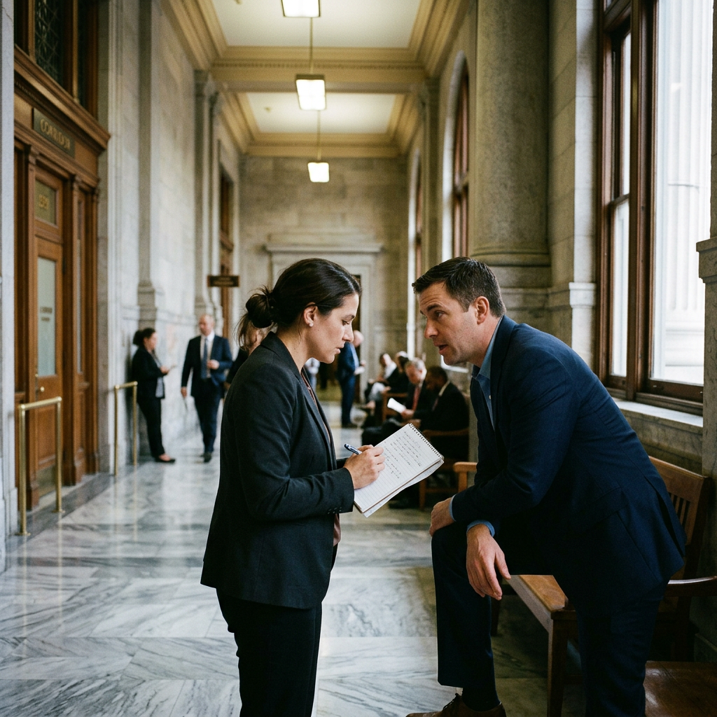 Family members consulting with a defense attorney in a courthouse hallway