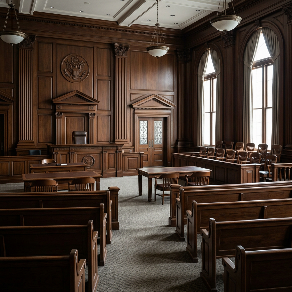 Empty formal courtroom with wood paneling, judge's bench, and gallery seating