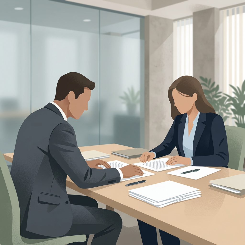 Two legal professionals reviewing documents at a courthouse table