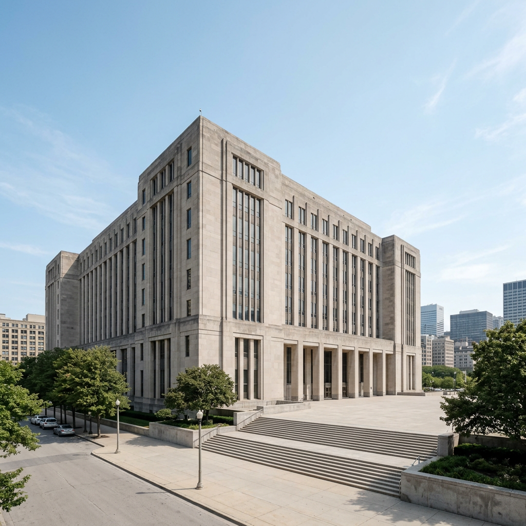 Exterior of a large urban criminal courthouse on a clear day