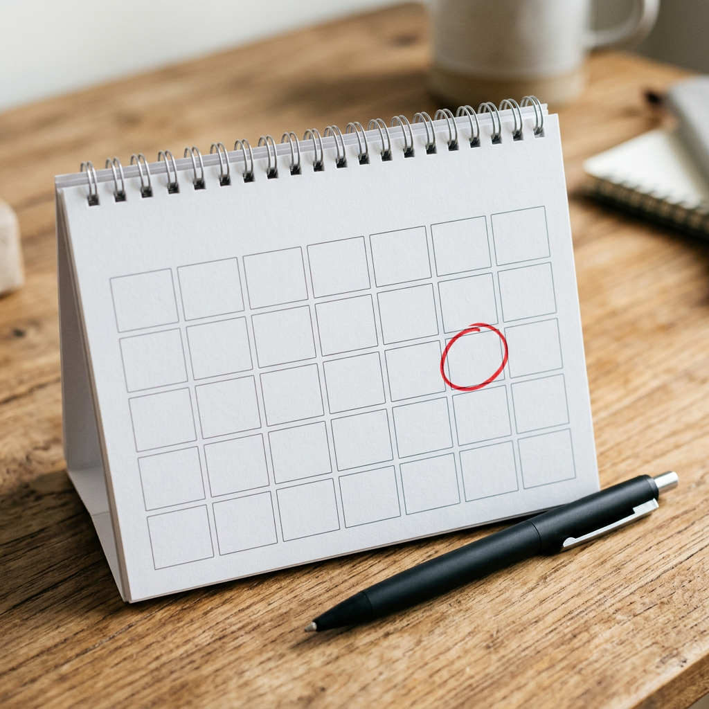 Close-up of a legal calendar with a deadline circled and a pen resting nearby on a wooden desk