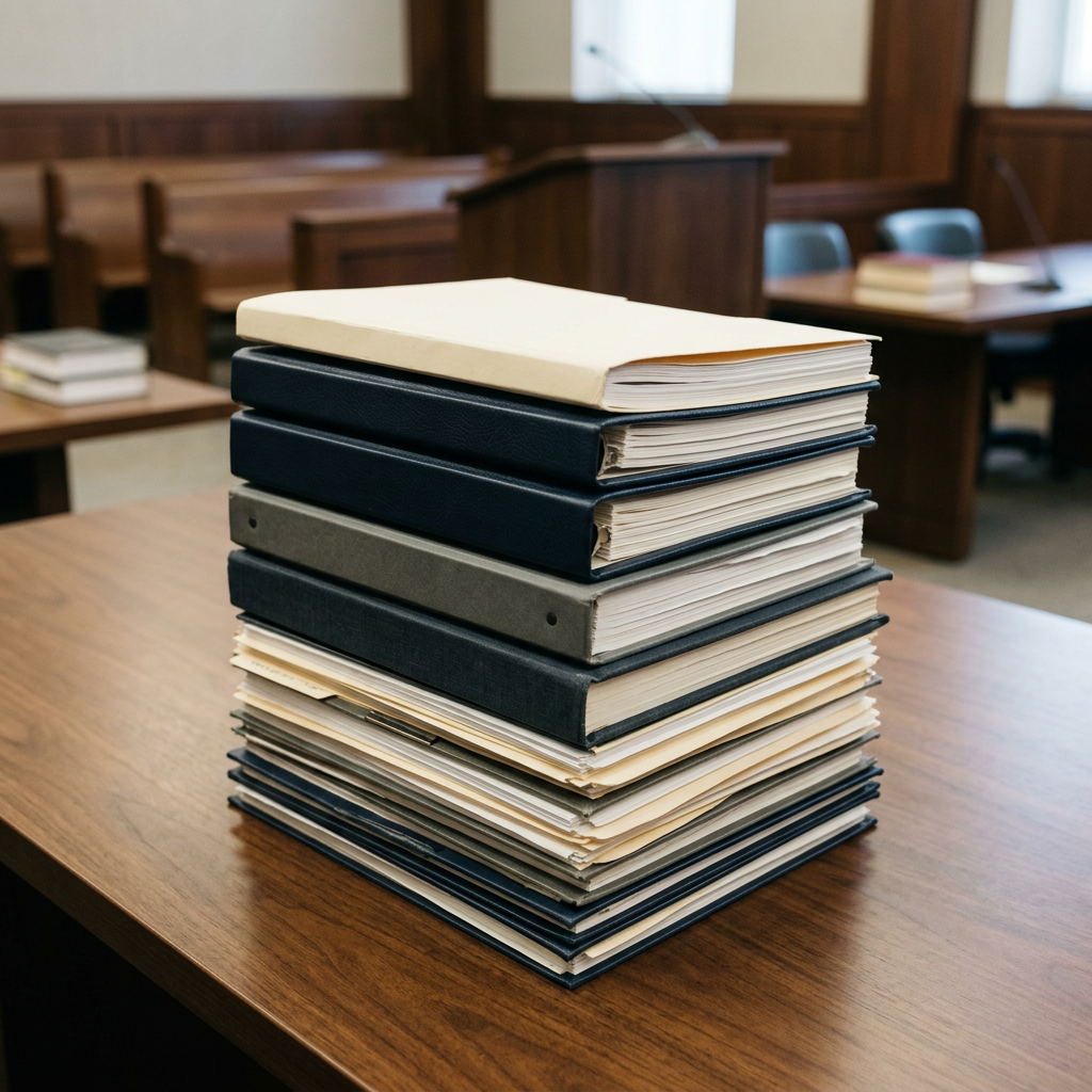 Stack of legal briefs and case documents on a courthouse table under neutral overhead lighting