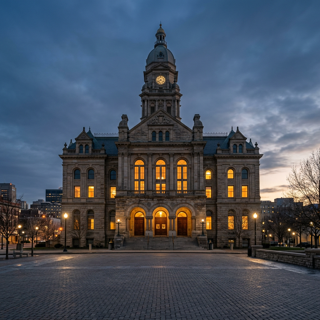Exterior view of an Illinois courthouse at dusk with warm interior lights visible through tall windows