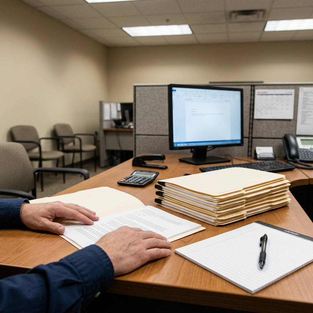 Probation officer reviewing documents at a desk in an official office