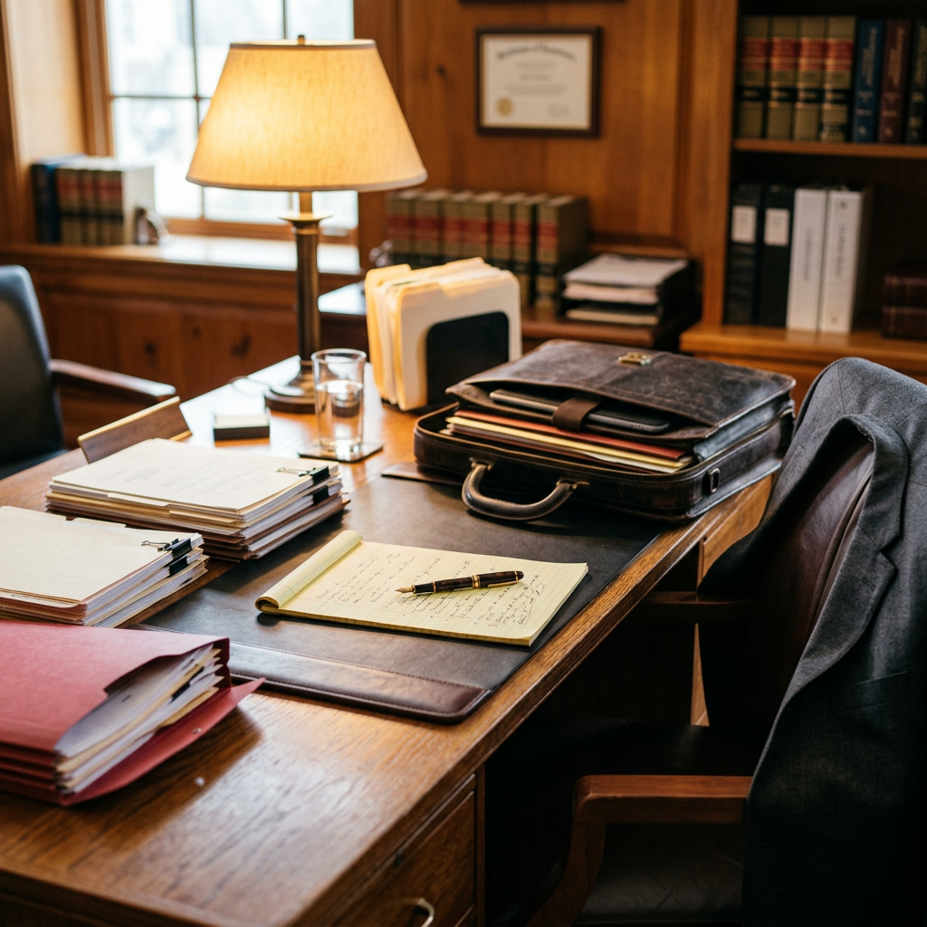 Defense attorney organizing mitigation documents and notes before a court hearing