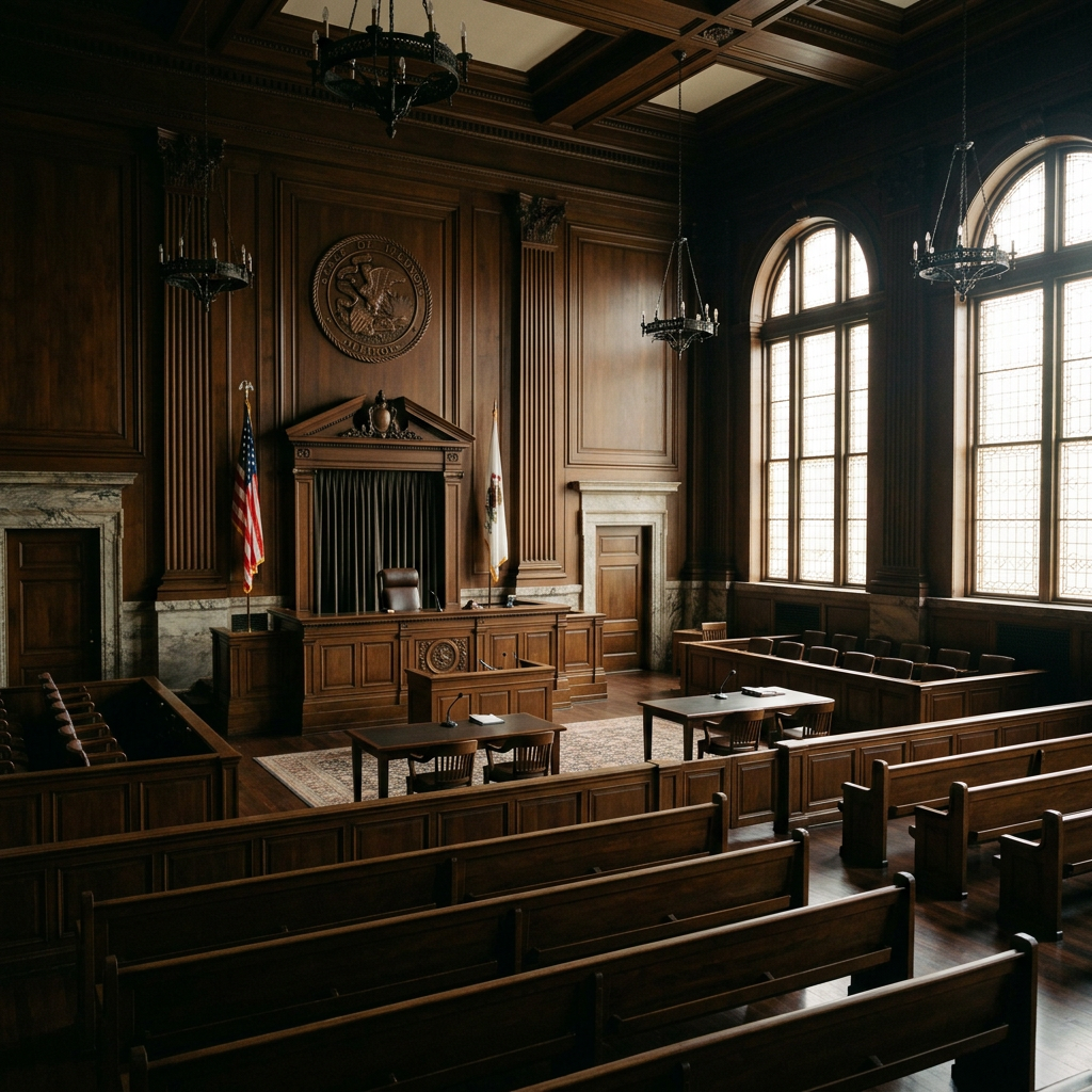 Empty Illinois courtroom with judge's bench and wooden gallery seating
