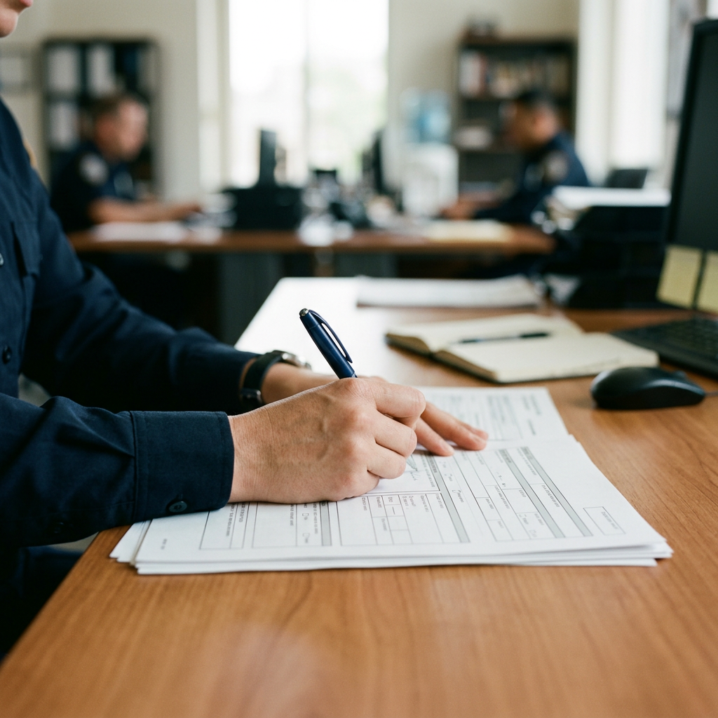 Law enforcement officer completing paperwork at a desk