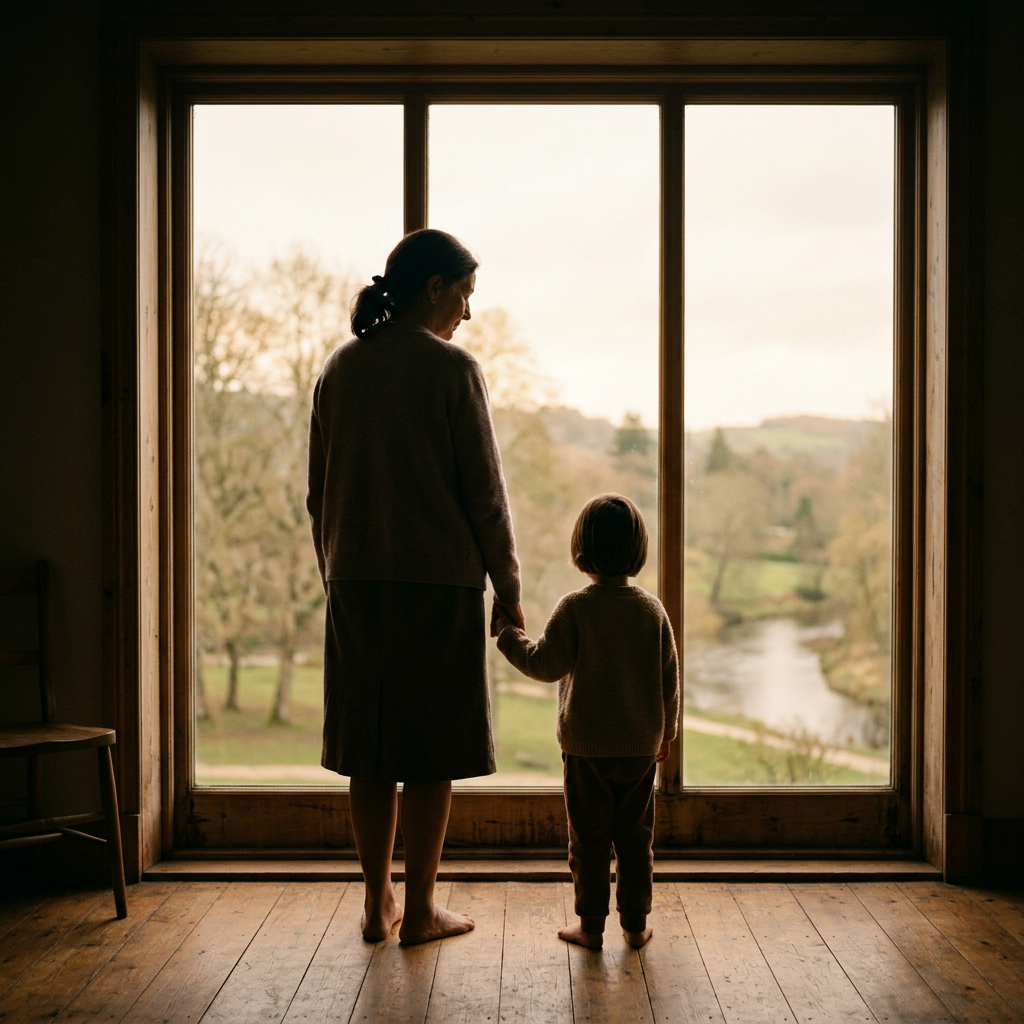 Parent and child silhouette at a window during daytime