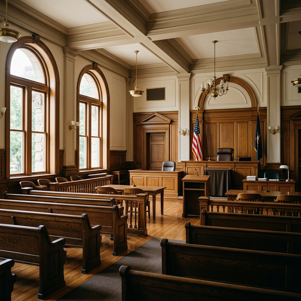 Empty courtroom interior with wooden benches and soft natural light