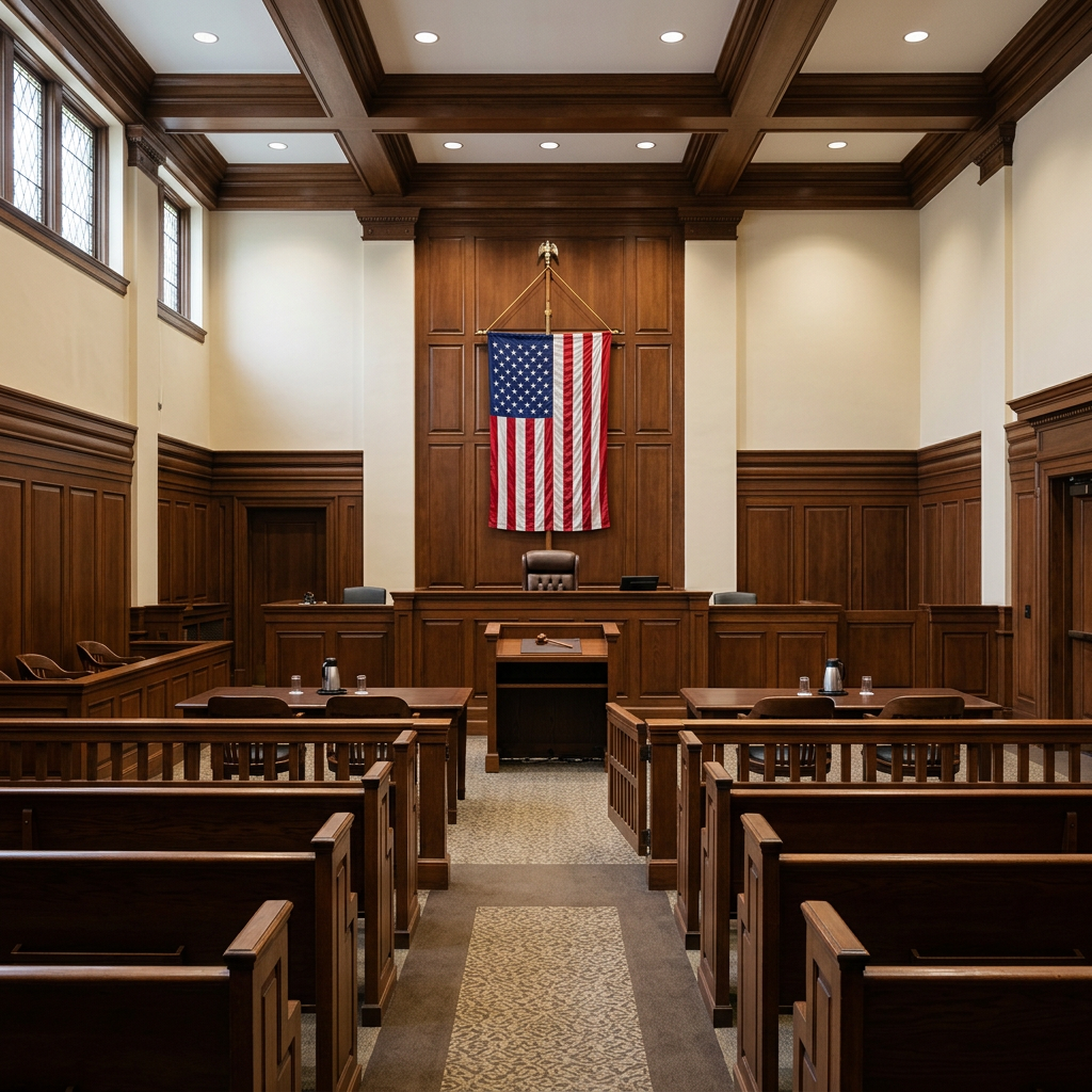 Empty courtroom interior representing Cook County drug court proceedings