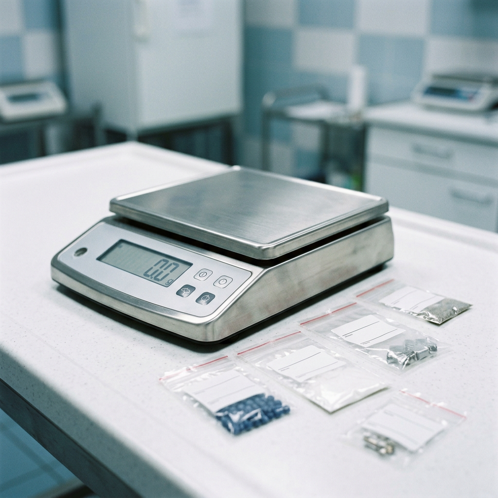 Close-up of a pharmacist's scale next to labeled evidence bags on a sterile examination table