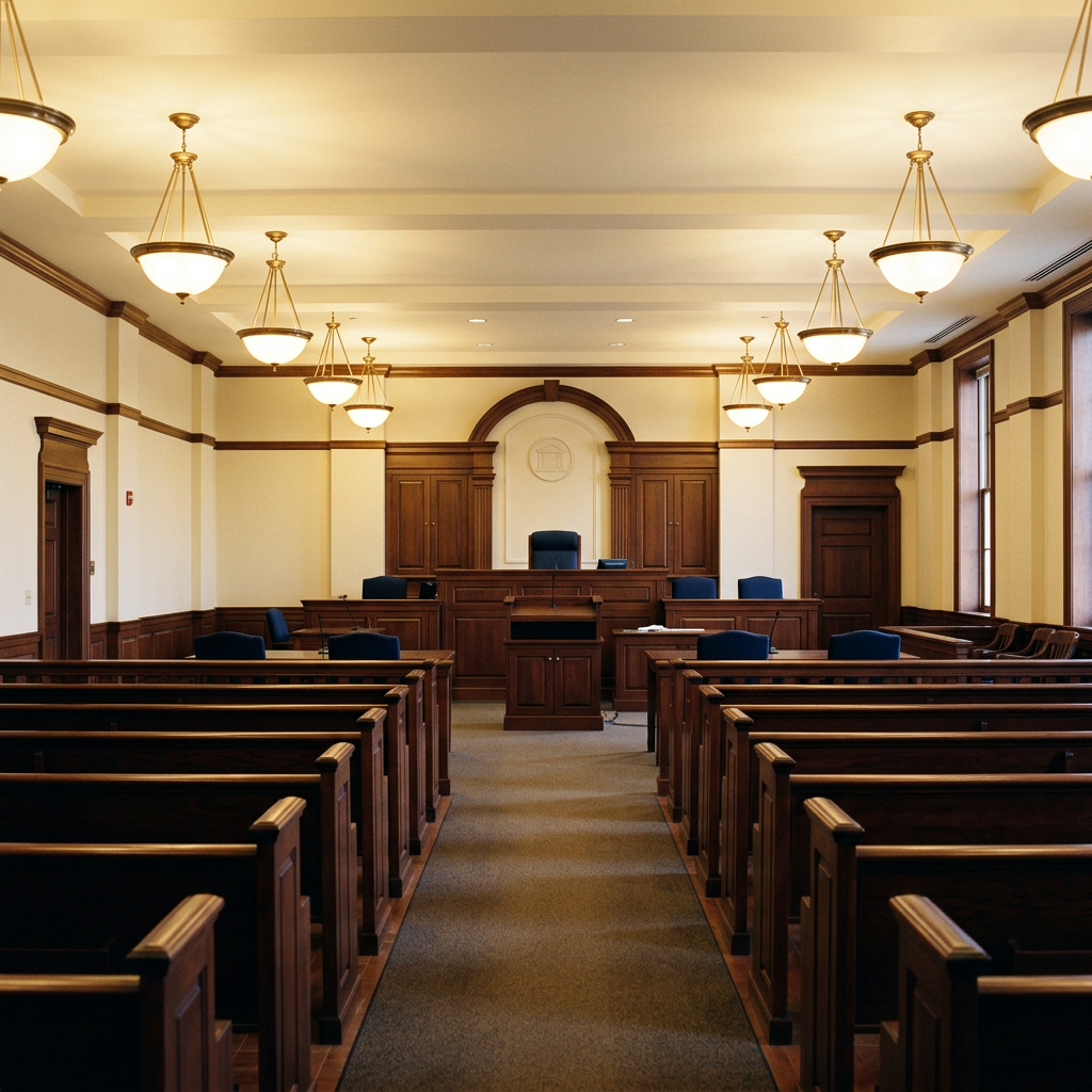 Interior view of an empty courtroom with rows of wooden benches and an elevated judge's bench