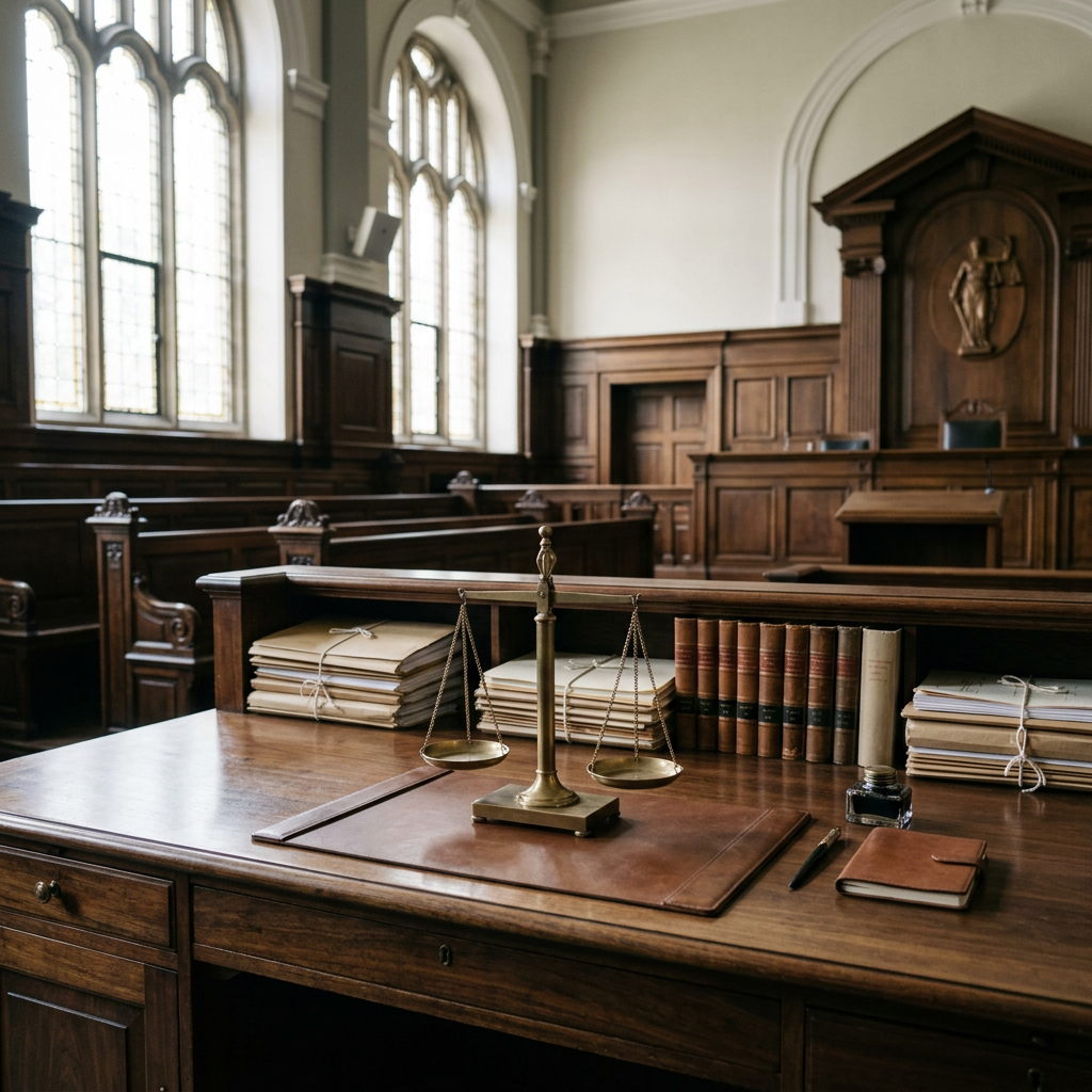 Scales of justice on a desk beside Illinois legal documents in a formal courtroom setting