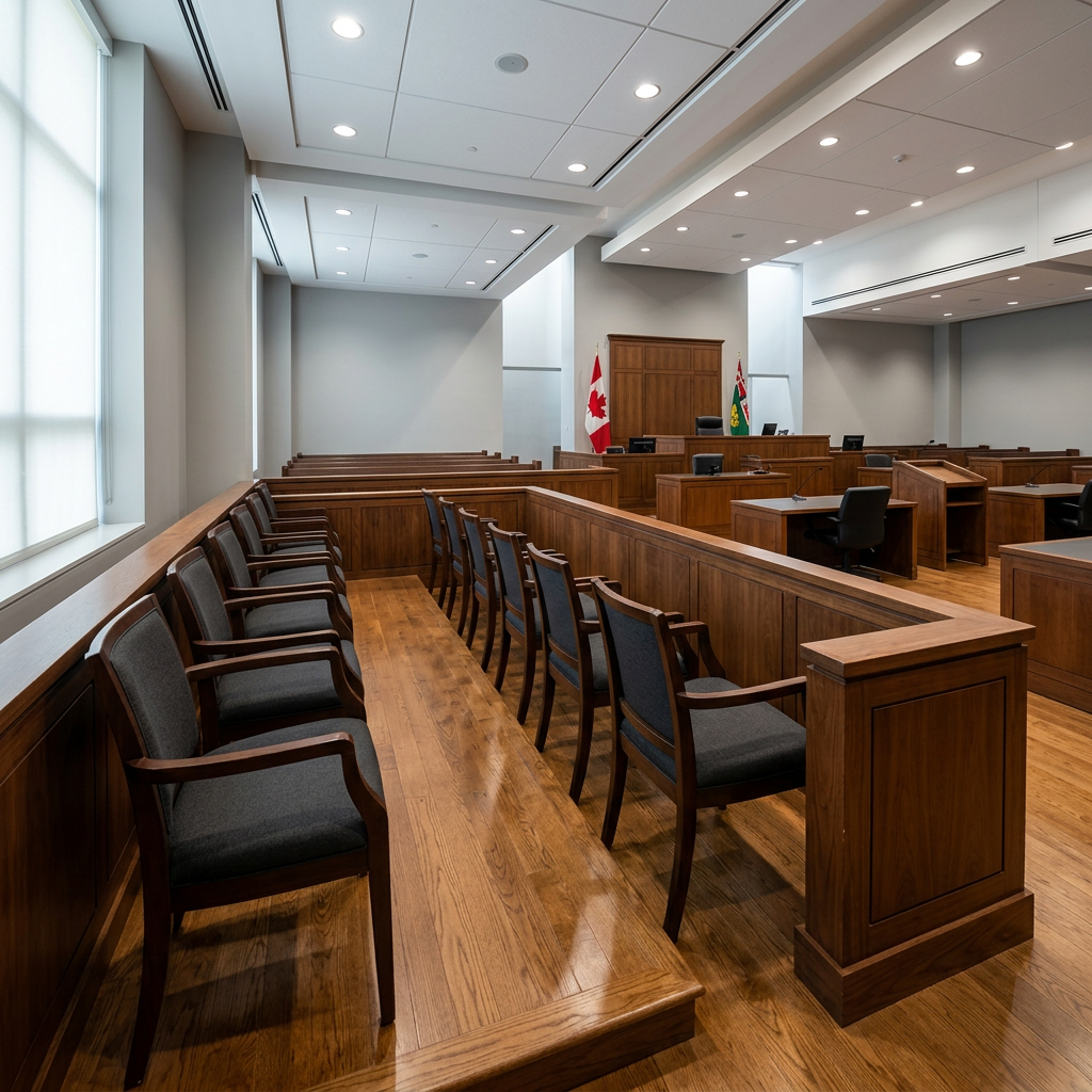 Empty jury box inside a modern Cook County courtroom