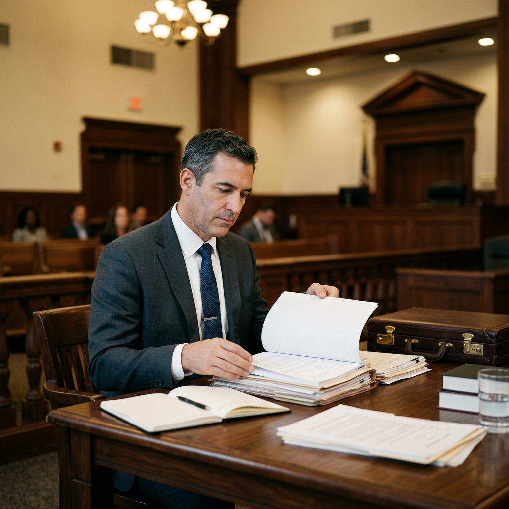 Defense attorney reviewing case documents at a courtroom table