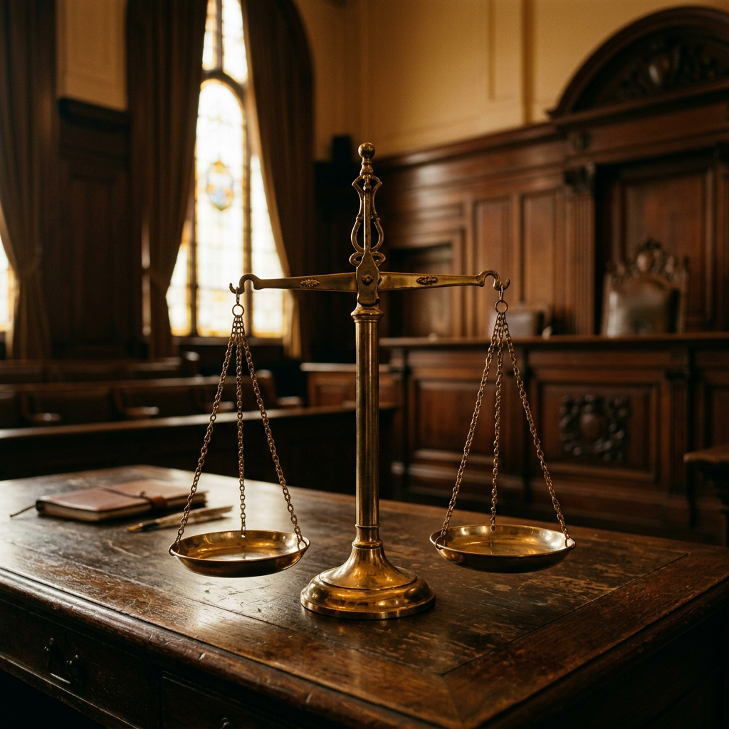 Scales of justice on a wooden desk inside a formal courtroom