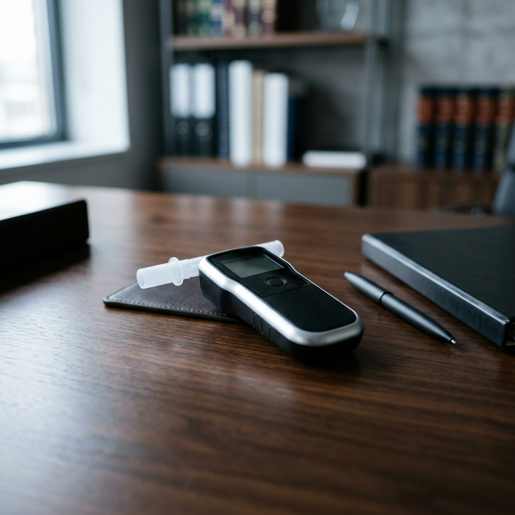 Close-up of a breathalyzer device resting on a polished desk in a law office setting