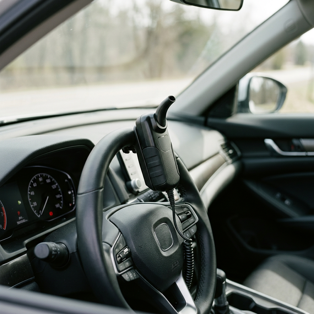 Ignition interlock BAIID device installed on a car steering column