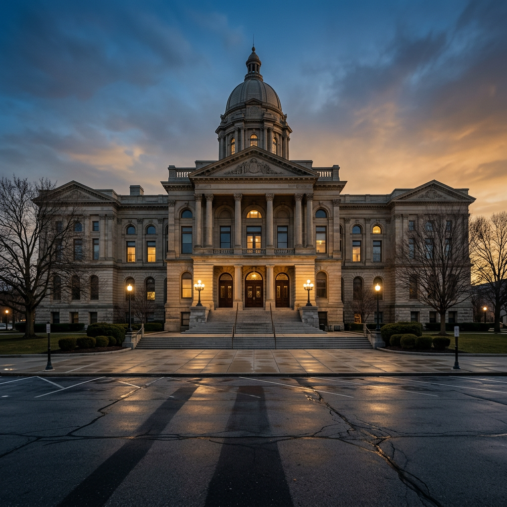Illinois courthouse exterior at dusk with empty parking lot and dramatic sky