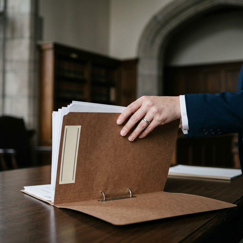 Close-up of a hand placing a document into a filing folder inside a courthouse setting