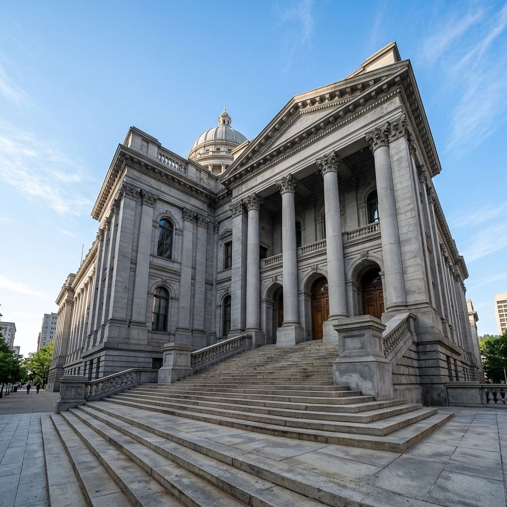Exterior view of a large civic courthouse building with steps and columns under clear sky