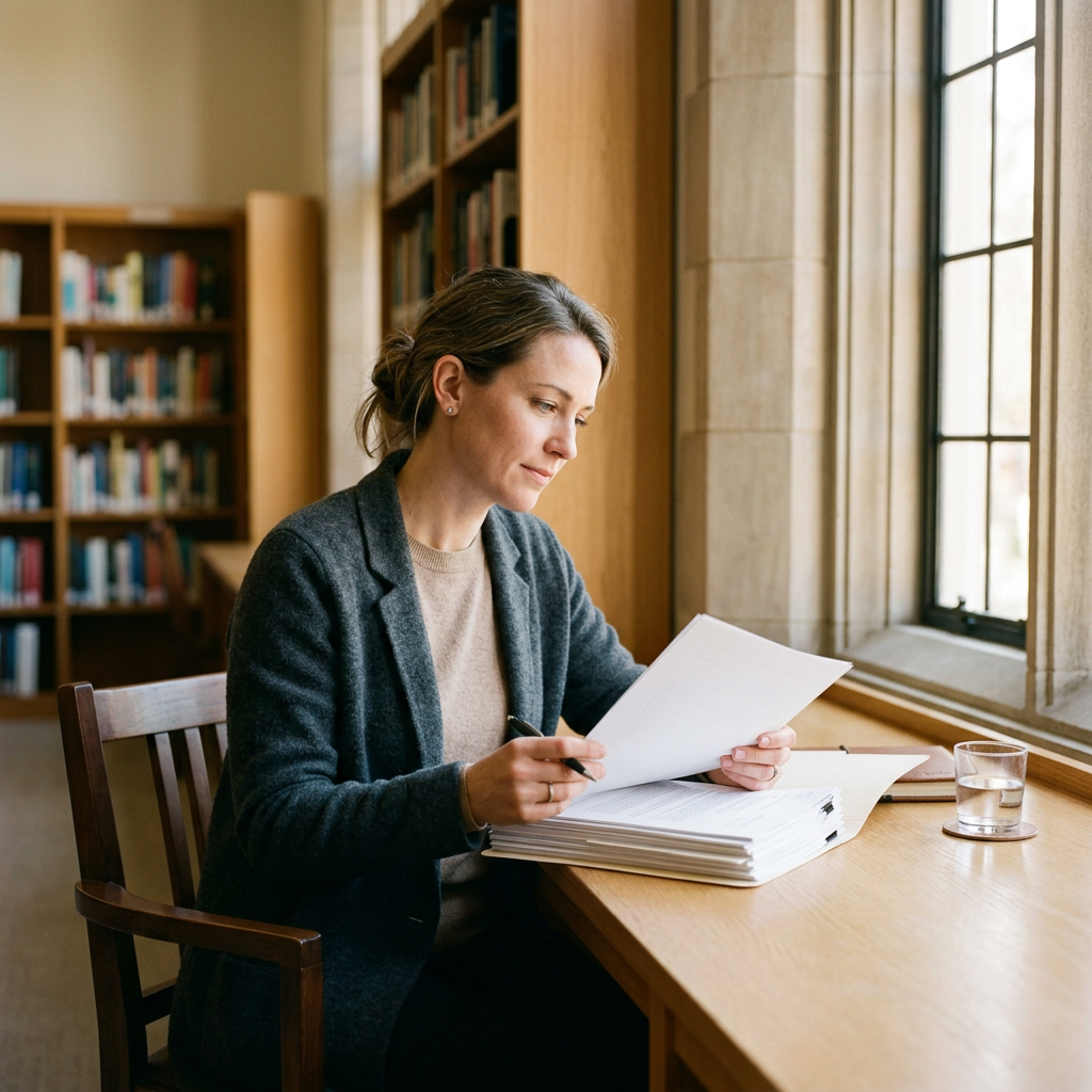 Person reviewing legal documents at a clean wooden desk with a focused, hopeful expression