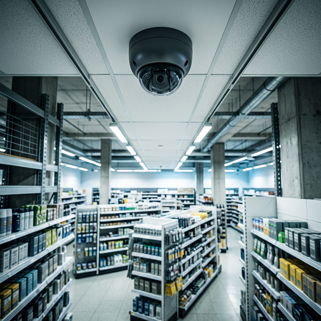 Security camera mounted above retail store shelving