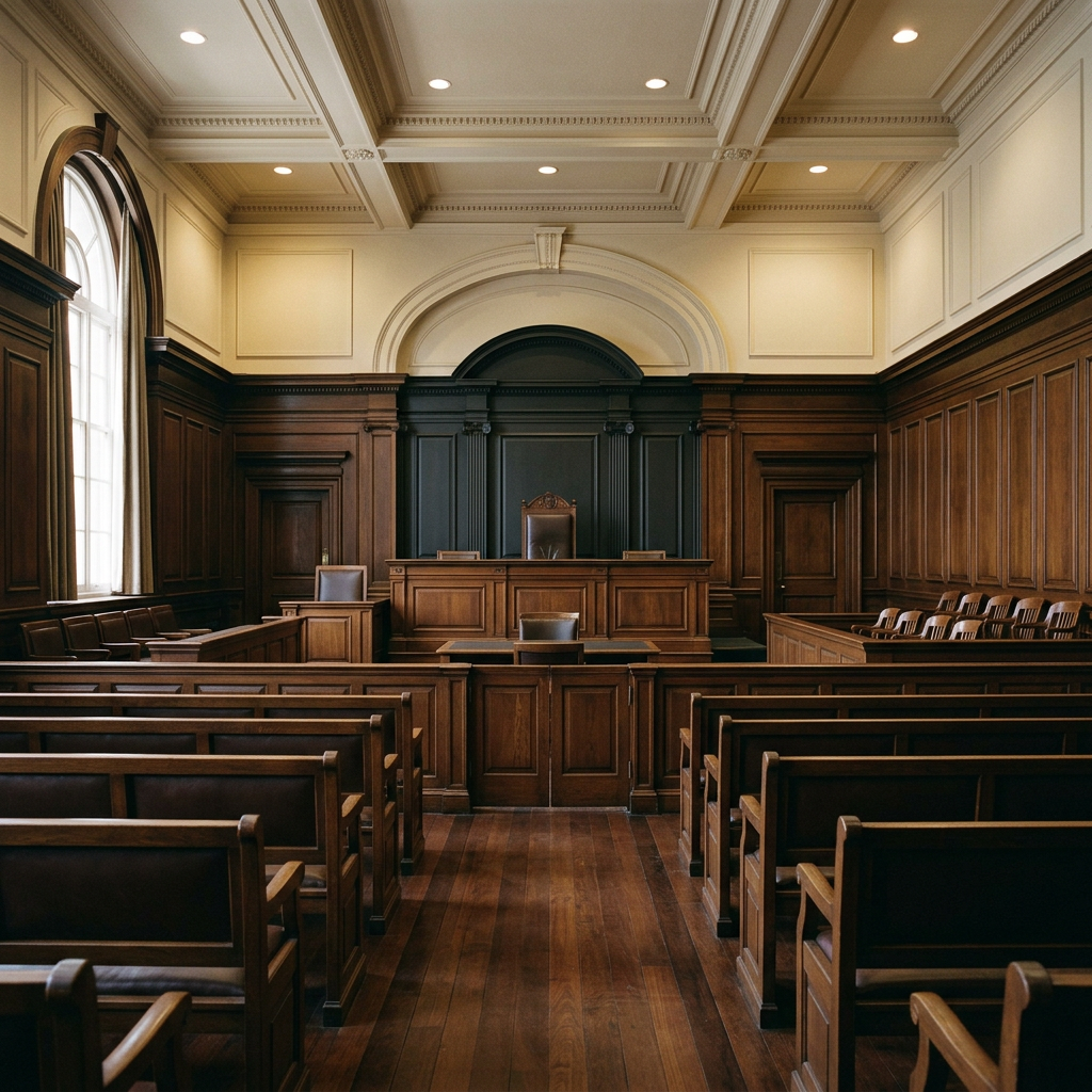 Empty courtroom with wooden bench and gallery seats