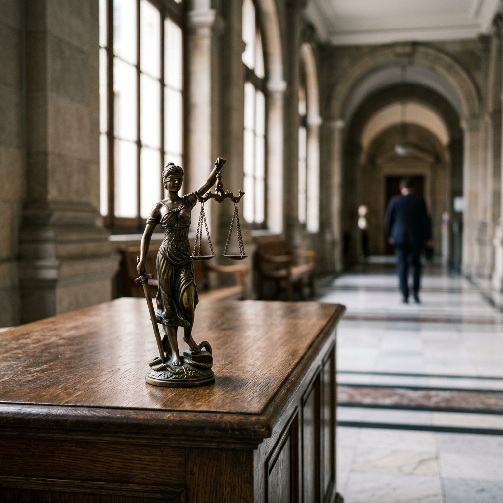 Scales of justice on a desk inside a formal courthouse hallway
