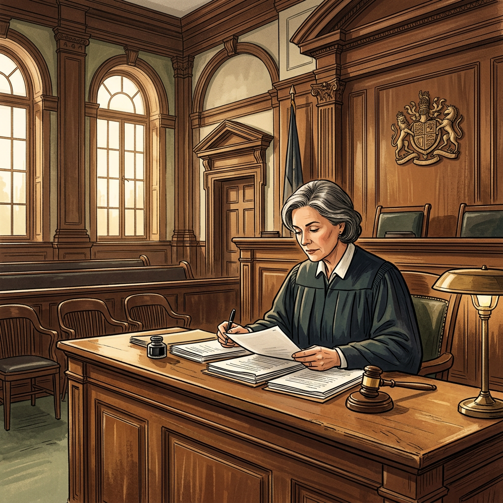 Judge reviewing documents at a courtroom bench during a juvenile hearing