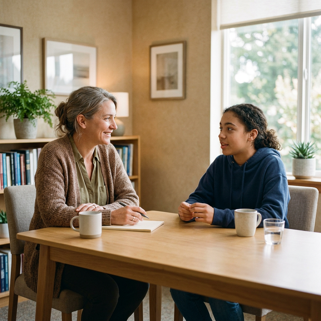 A social worker and a teenager sitting together at a table in a supportive counseling session