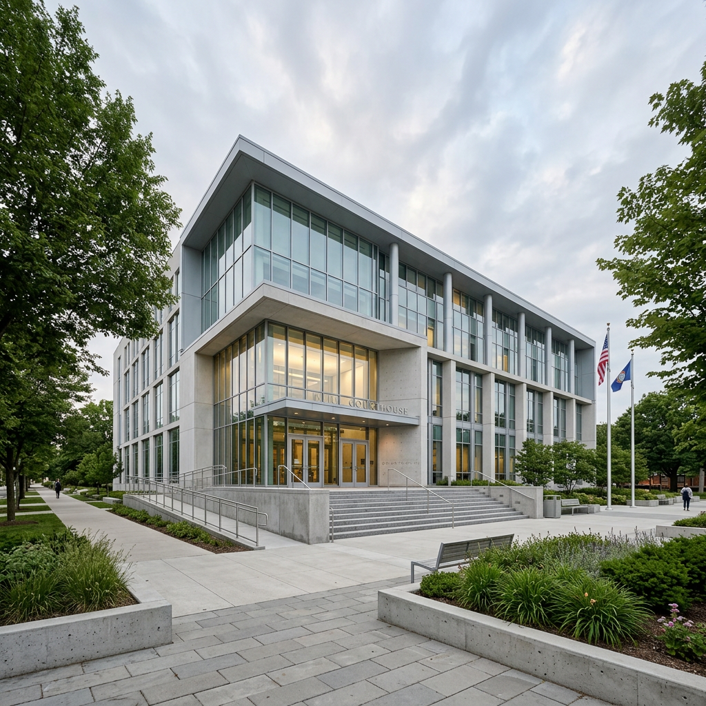 Exterior of a modern courthouse on a calm, overcast day, symbolizing the juvenile justice system