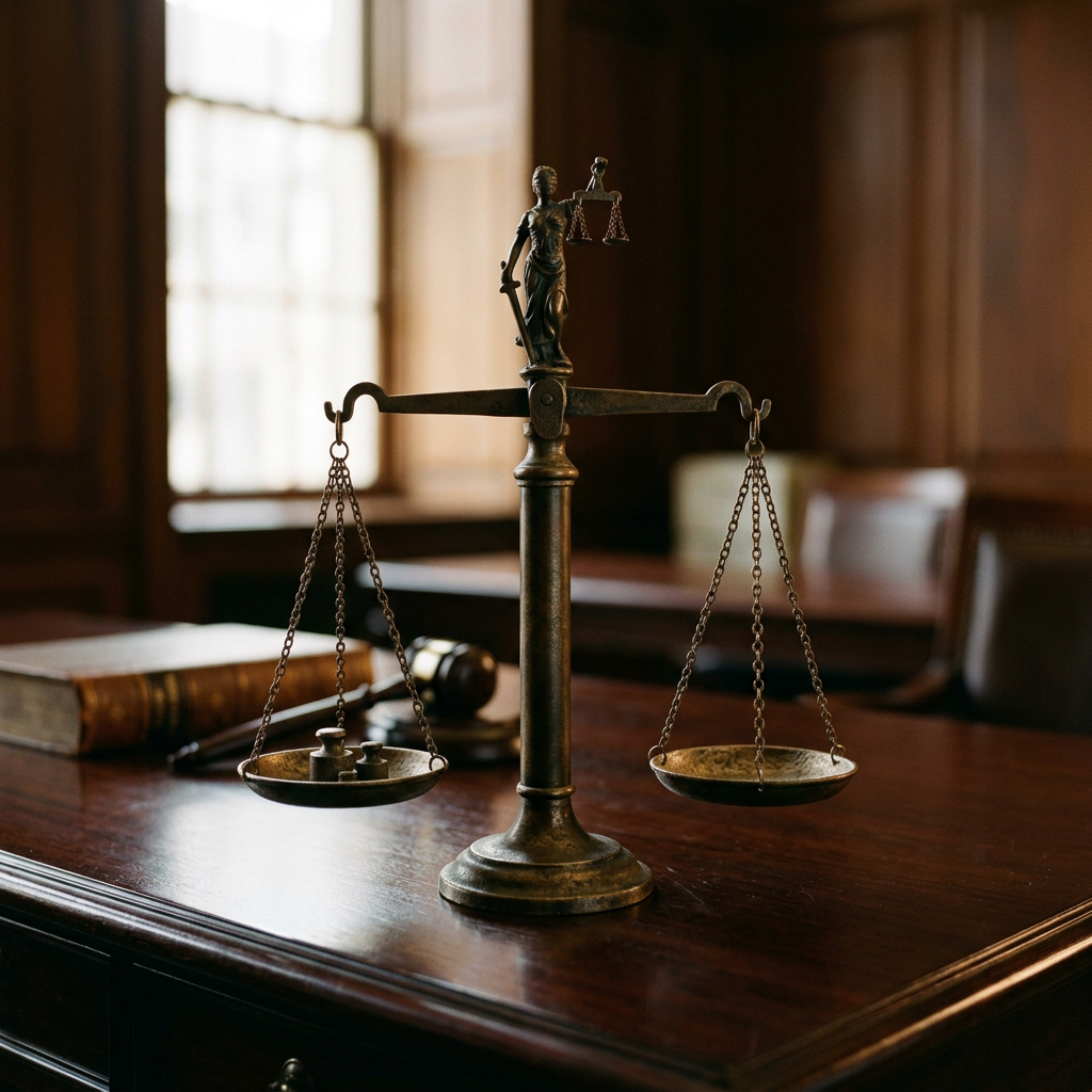 Scales of justice on a dark wooden desk in a law office setting