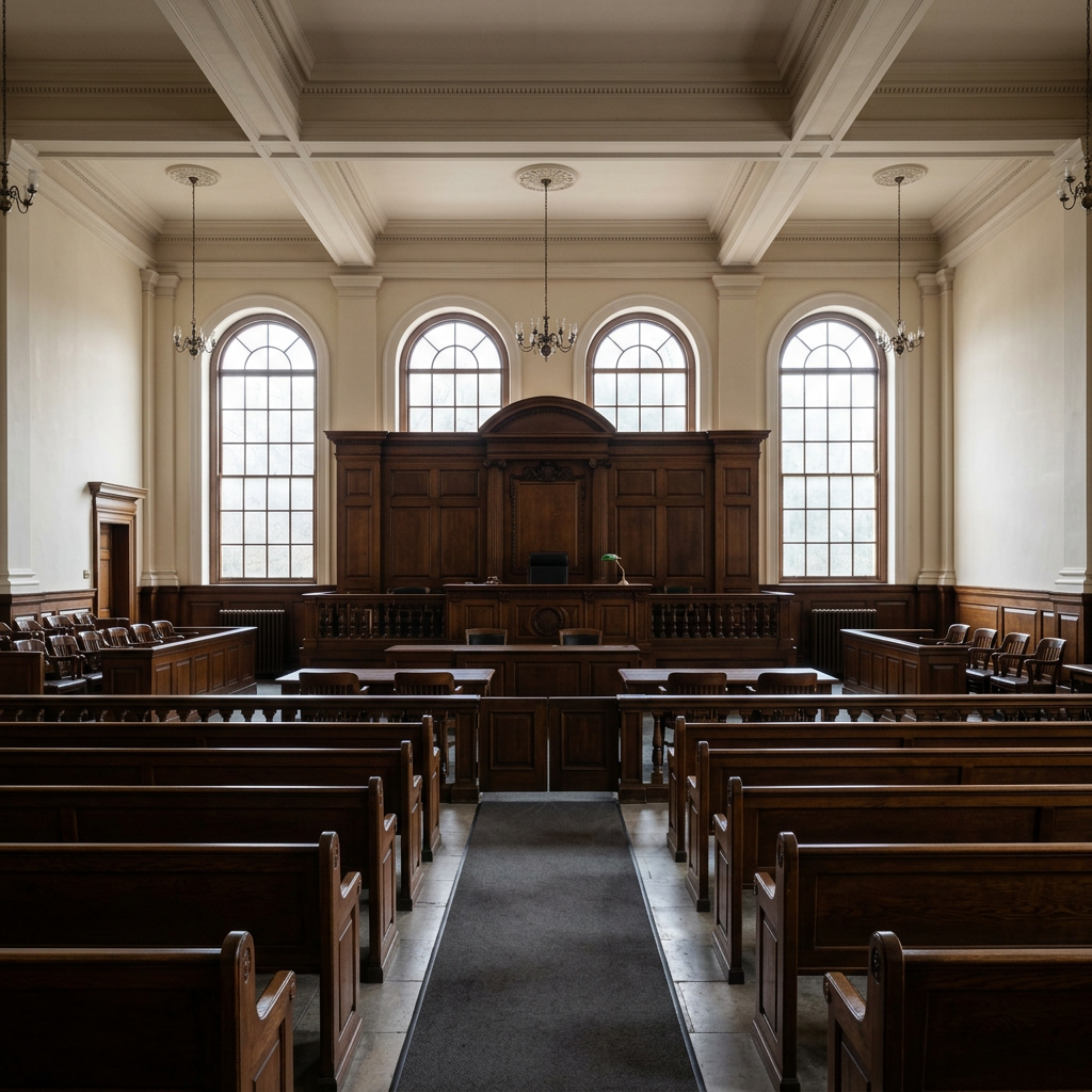 Empty courtroom with wooden benches and soft light through tall windows
