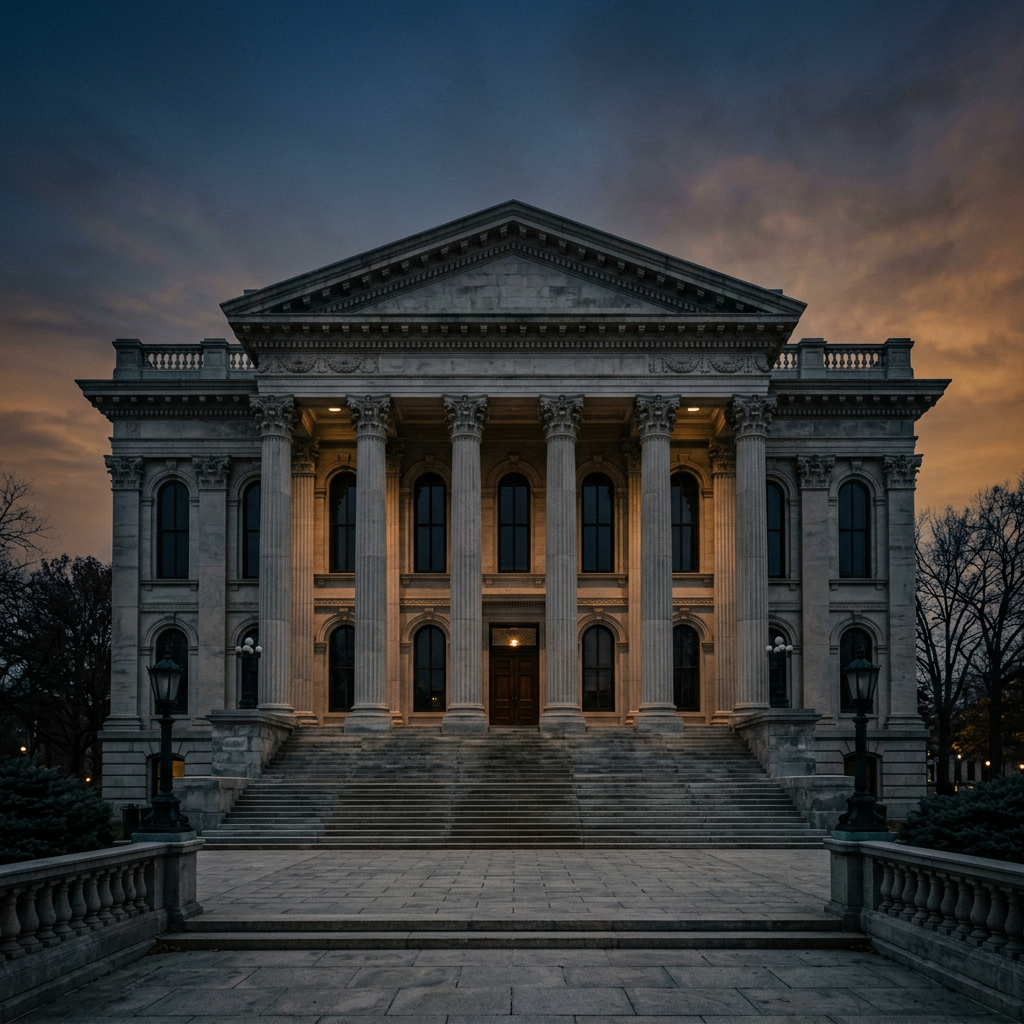 Exterior of a historic Illinois courthouse at dusk with dramatic sky
