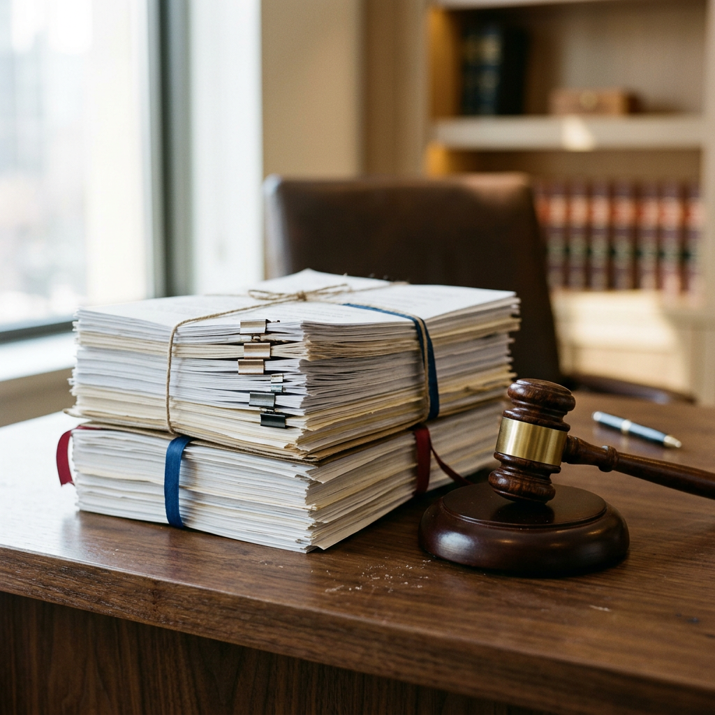 Legal documents on a desk with a gavel beside them