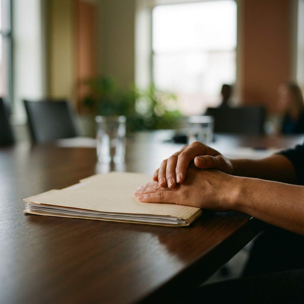 Person reviewing papers at a table in a quiet office setting