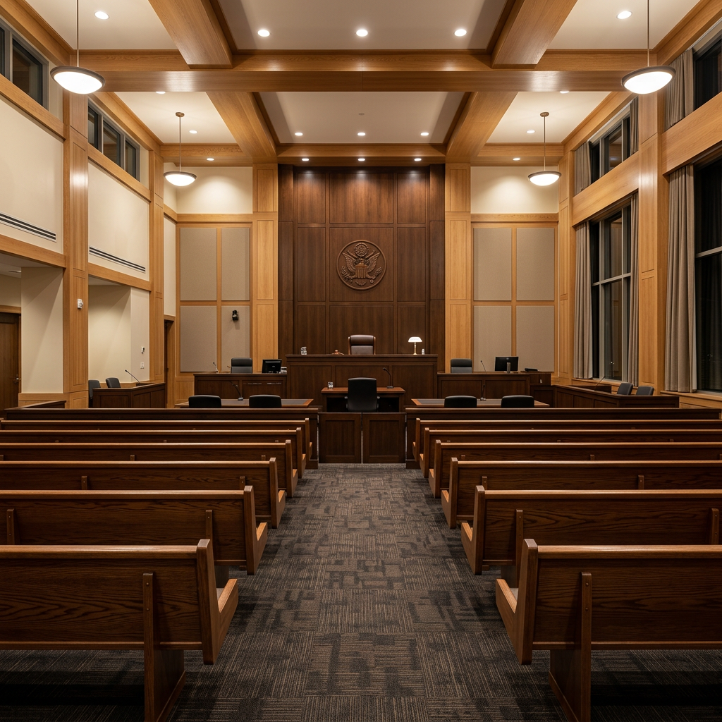 Empty courtroom interior with judge's bench and wooden gallery seating