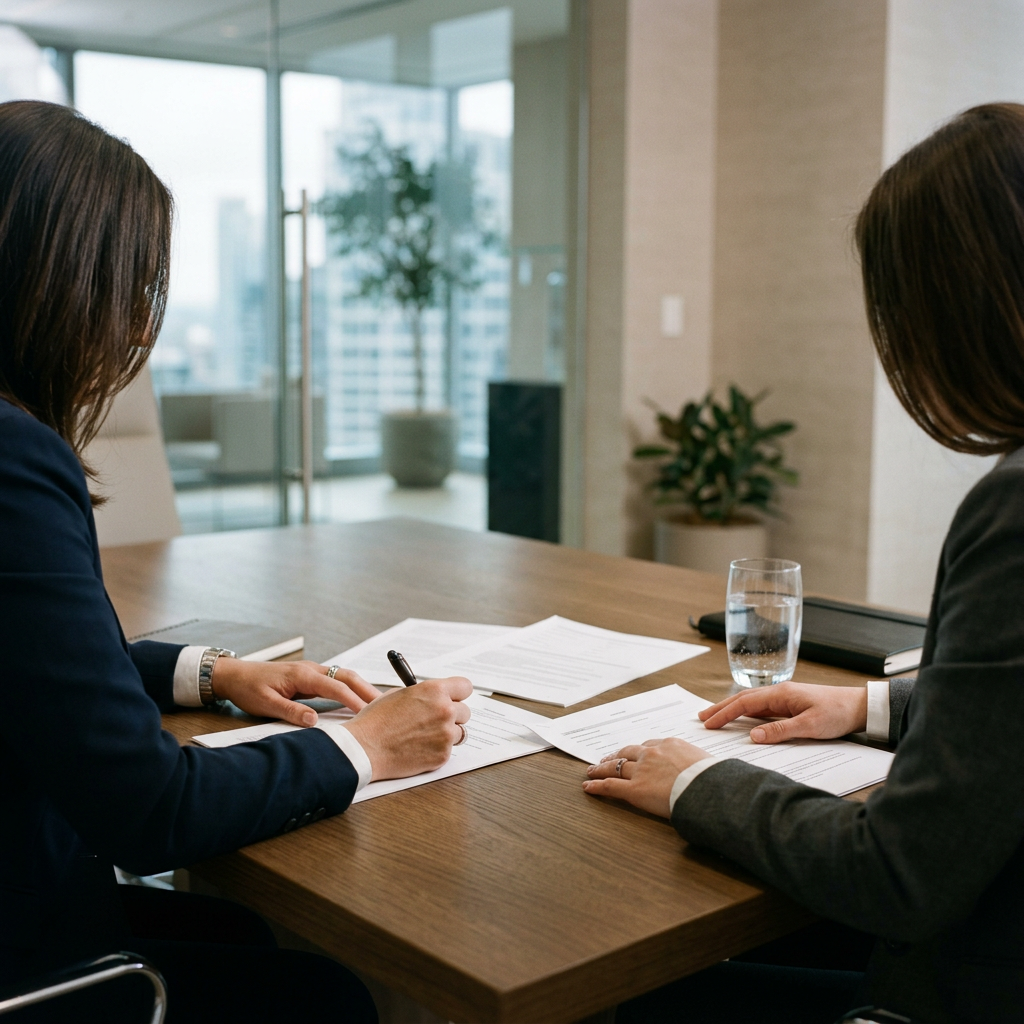 Two people in professional attire reviewing documents across a table in a law office setting