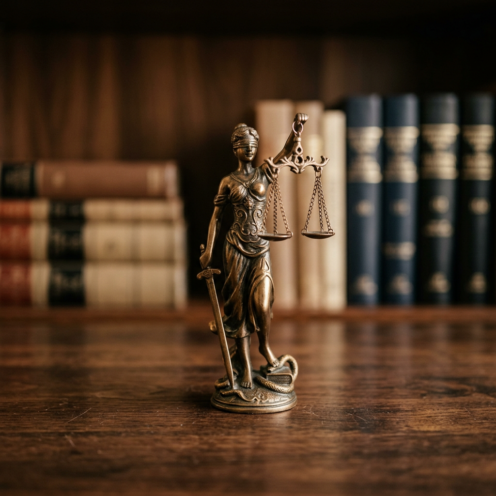 Scales of justice on a desk with soft focused background of law books