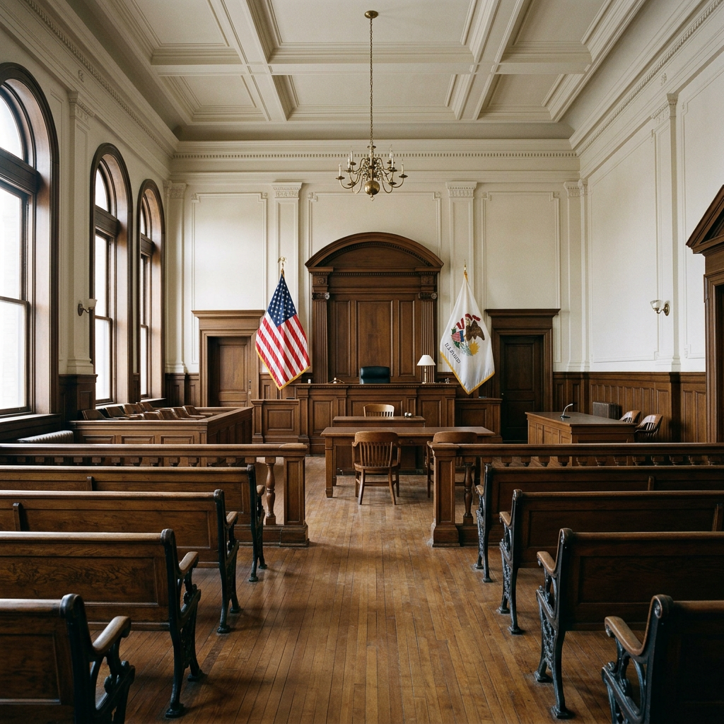 Empty courtroom with wooden benches, a judge's bench, and soft natural light through tall windows