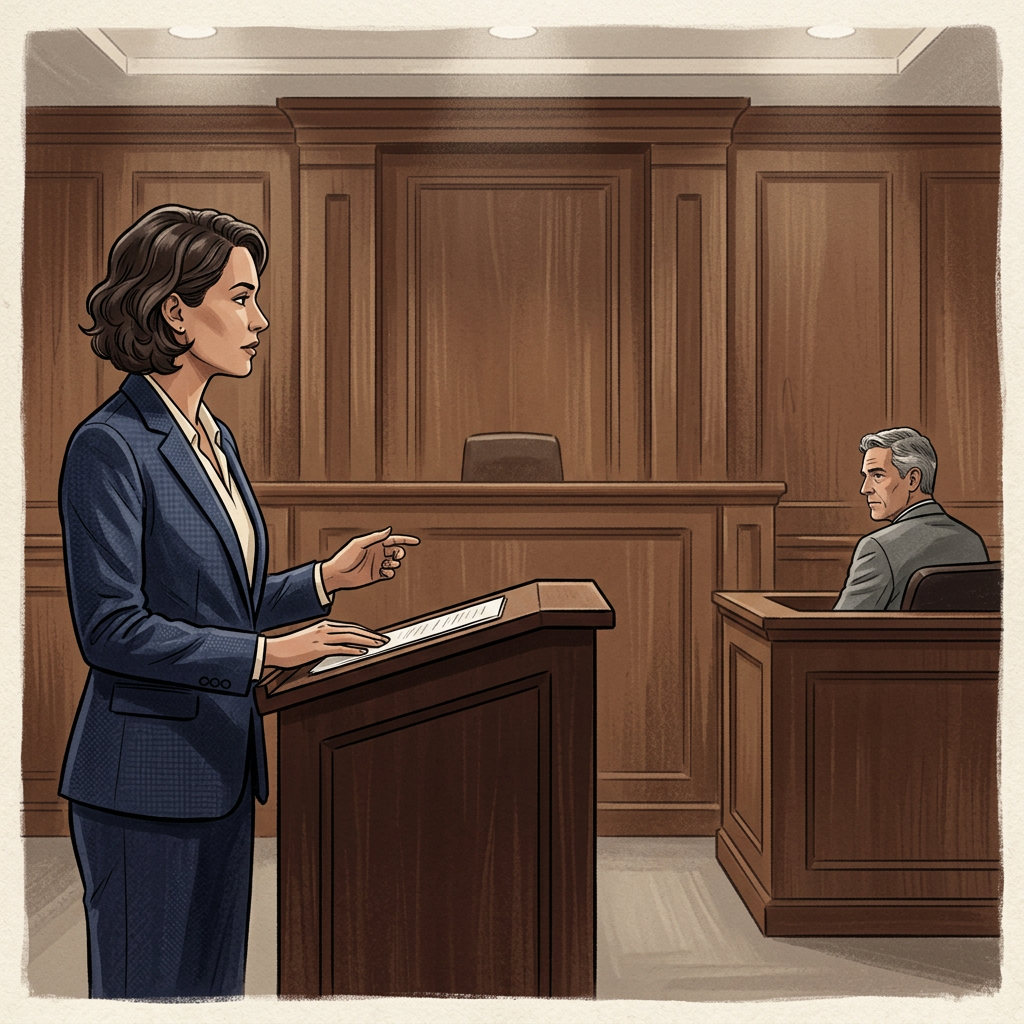 Defense attorney cross-examining a witness in a courtroom setting