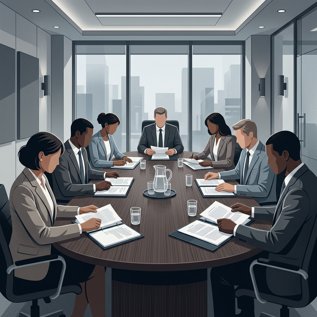 Grand jury room with citizens seated around a conference table reviewing documents