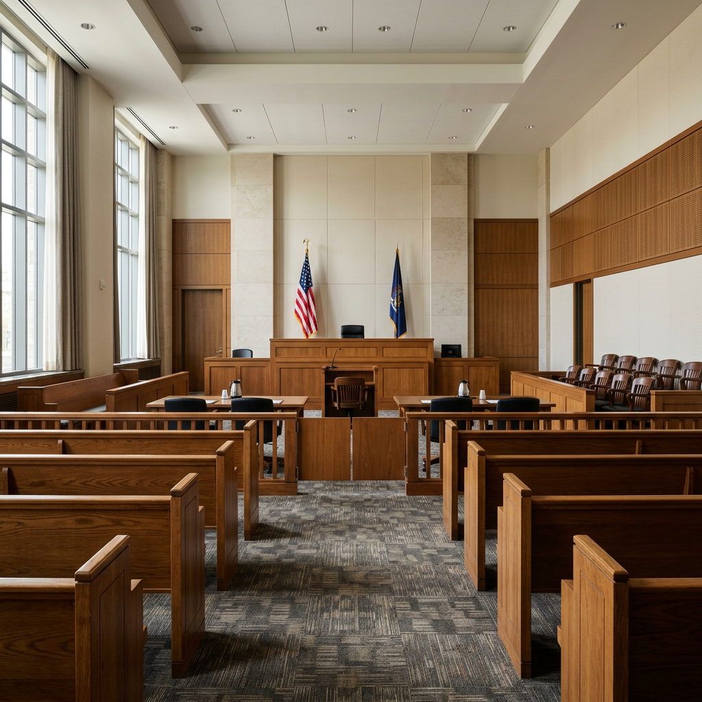 Interior of a Cook County courtroom with empty wooden benches and a judge's bench