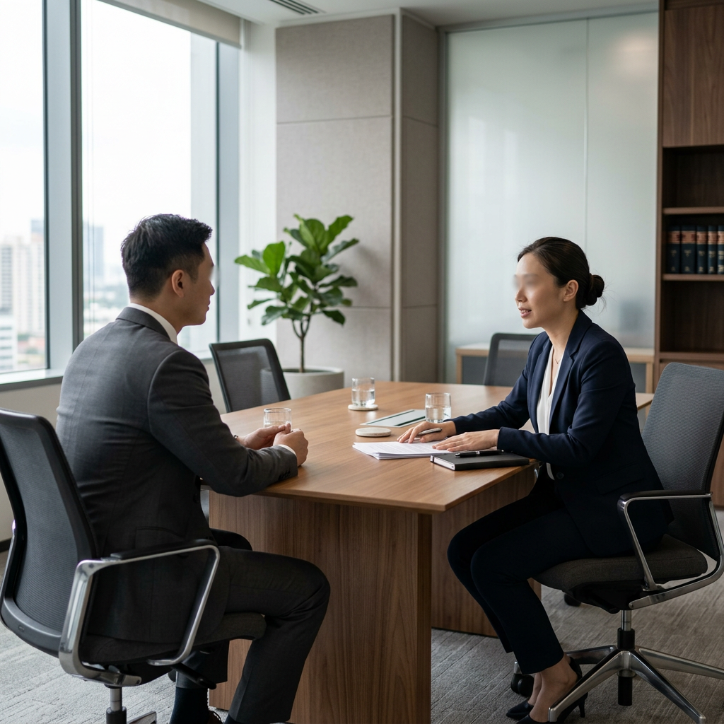 Person consulting with an attorney across a table in a law office