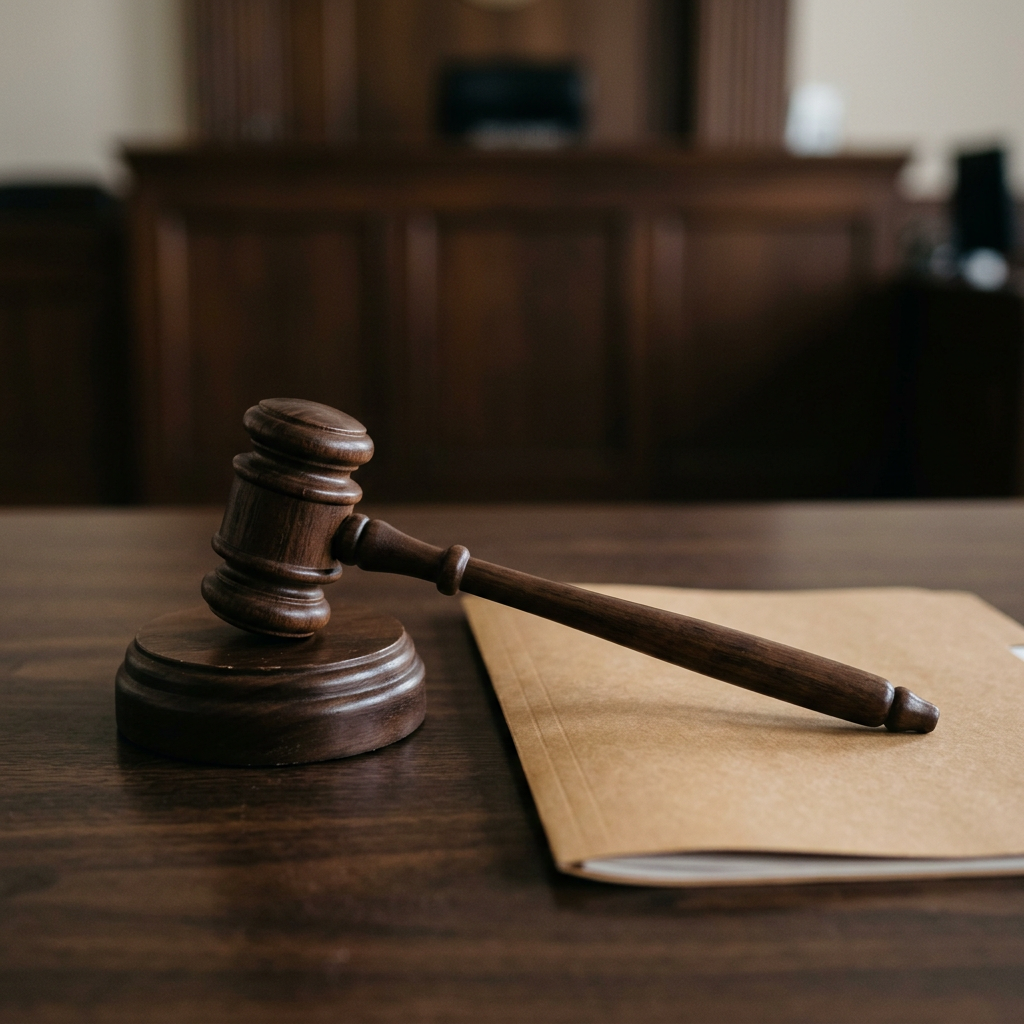 Gavel resting on a wooden surface next to a legal document folder